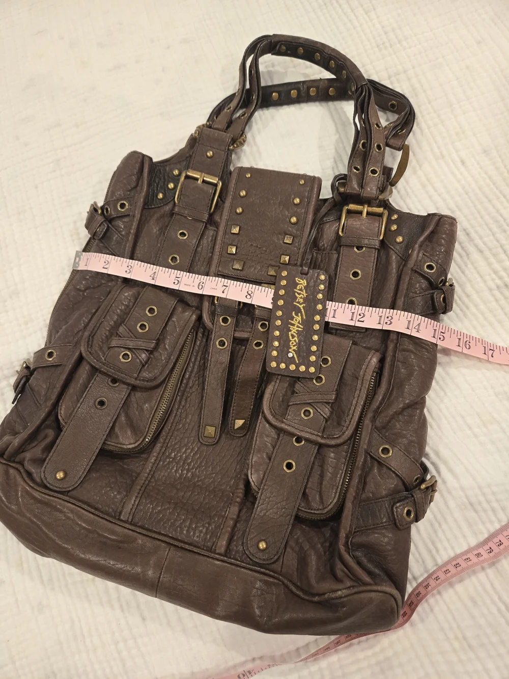 Betsey Johnson Brown Stud-Embellished Leather Shoulder Bag